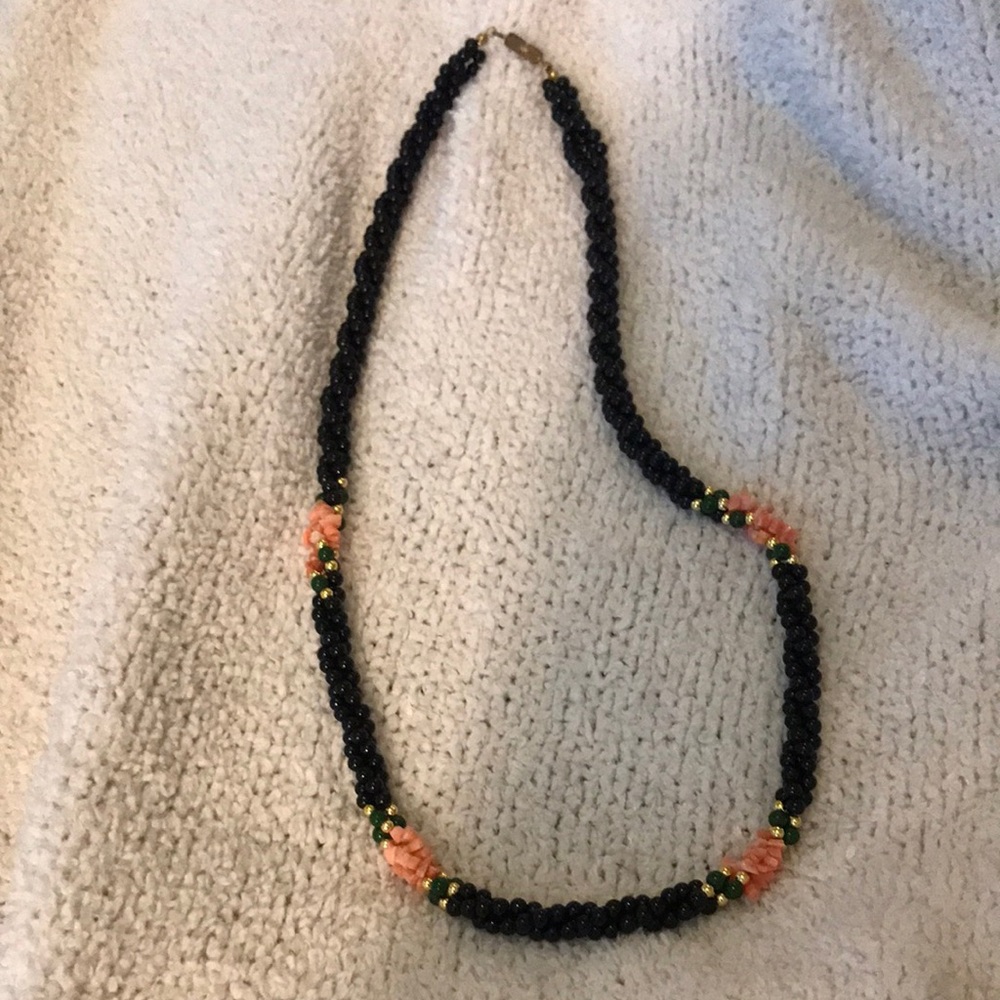 Vintage Beaded Black and Coral Women's Necklace